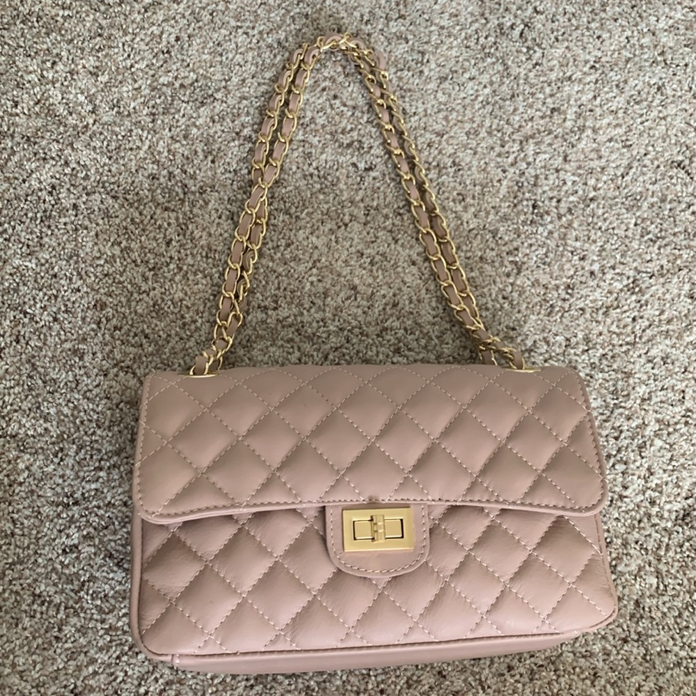 Nude Genuine Leather Flap Bag with Chain Straps